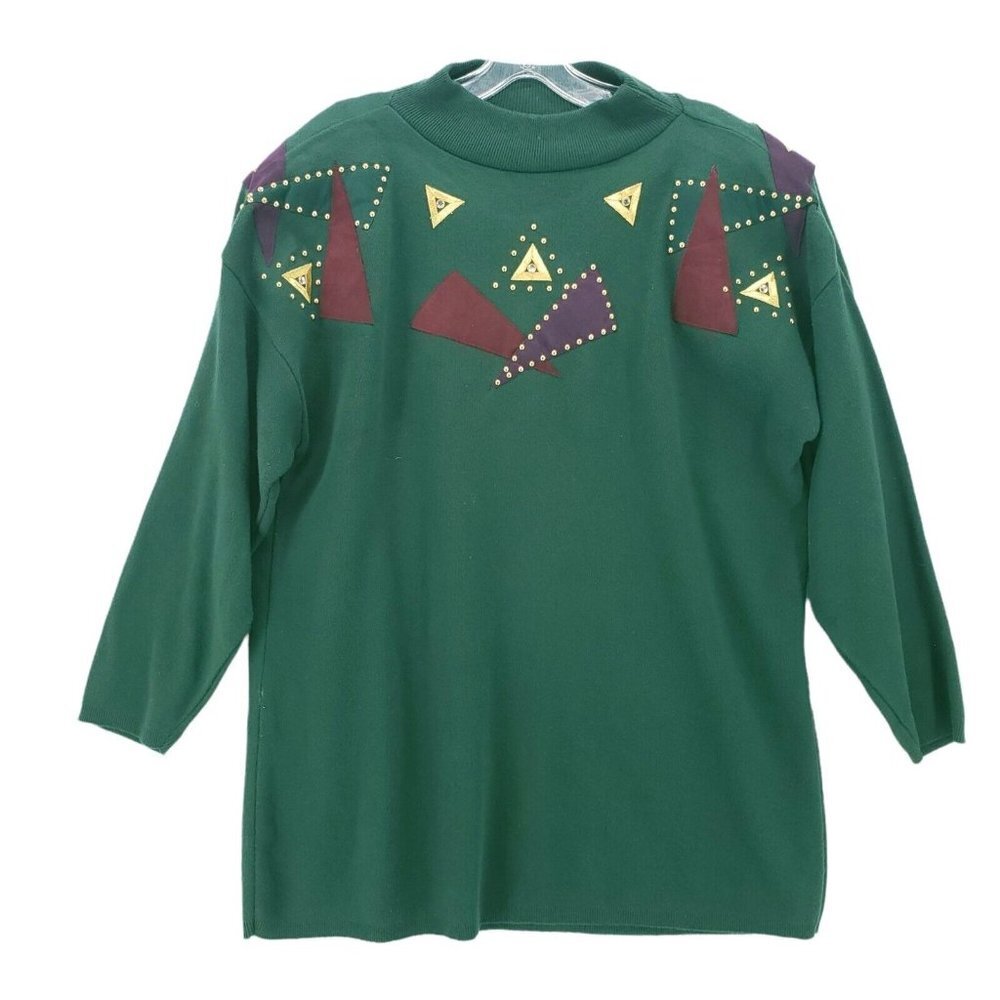GANTOS Vintage Green Sweater Embellished Studded Geometric Shoulder Pads Sz 12